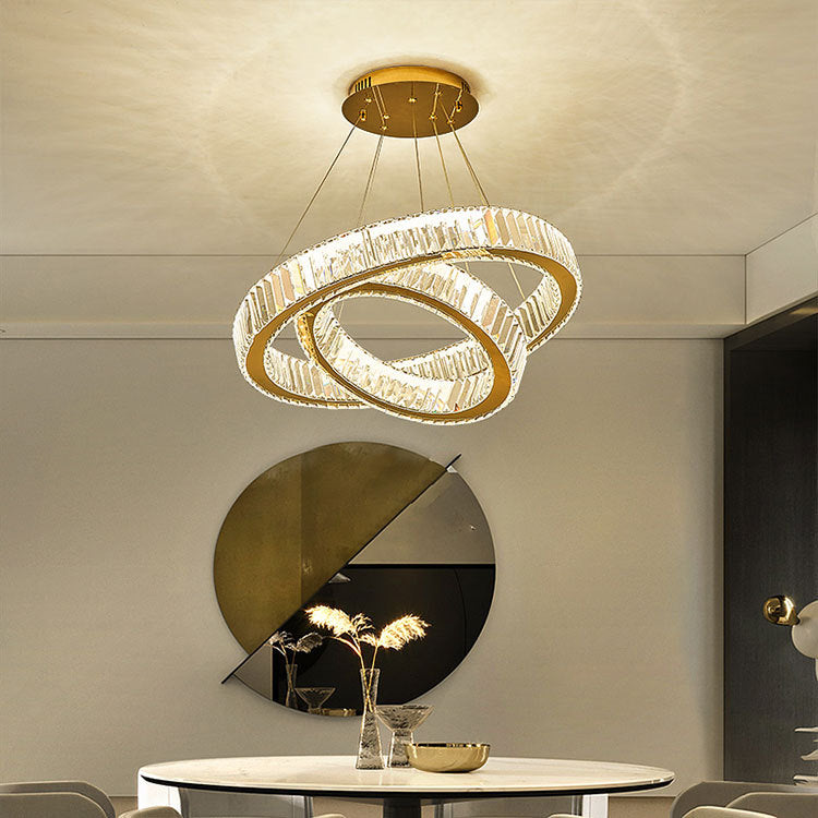 Modern Luxury Stainless Steel Crystal Rings LED Chandelier For Living Room