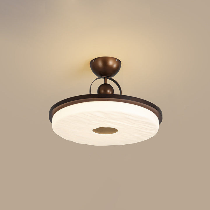 Traditional Chinese Round Drum Shape Acrylic Iron LED Semi-Flush Mount Ceiling Light For Bedroom