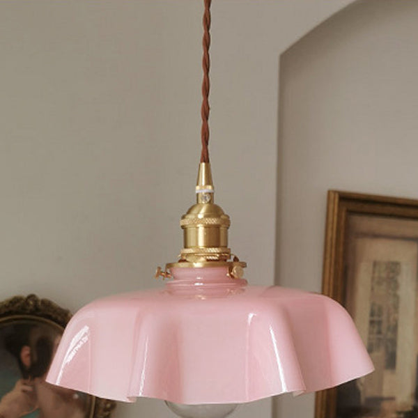 Lustre suspendu à 1 lumière en laiton vintage traditionnel avec verre en forme de pétale pour salle à manger 