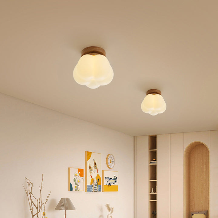 Luz de techo semiencastrada de 1 luz con base redonda de madera en forma de cúpula nórdica contemporánea para pasillo 