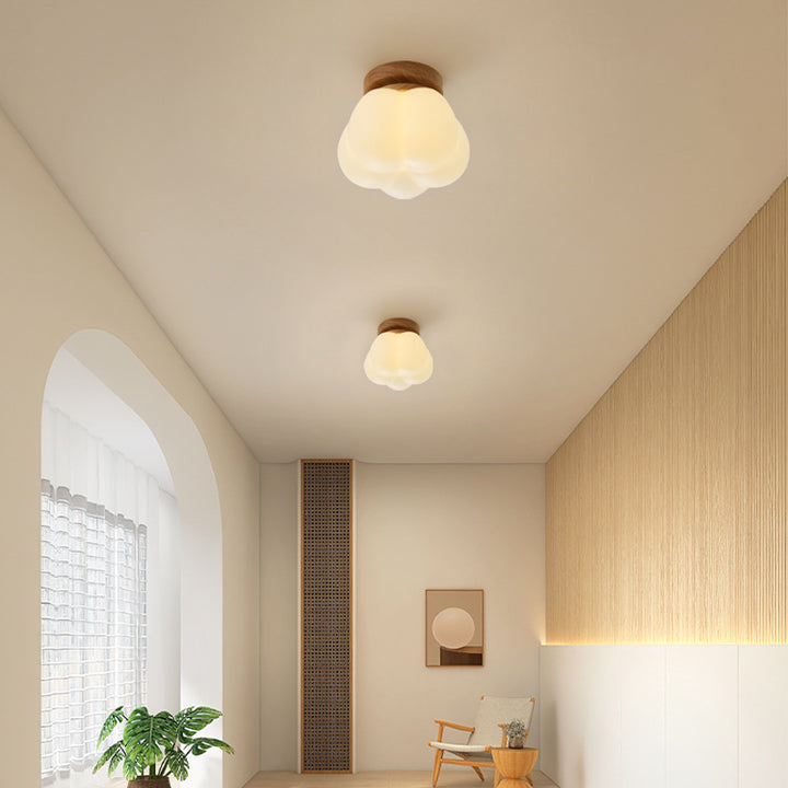 Luz de techo semiencastrada de 1 luz con base redonda de madera en forma de cúpula nórdica contemporánea para pasillo 