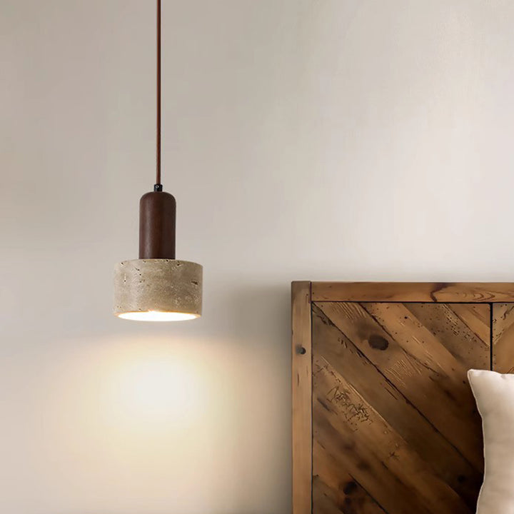 Traditionelle japanische gelbe Travertin-Holzkuppel Zylinder 1-Licht Pendelleuchte für Wohnzimmer 