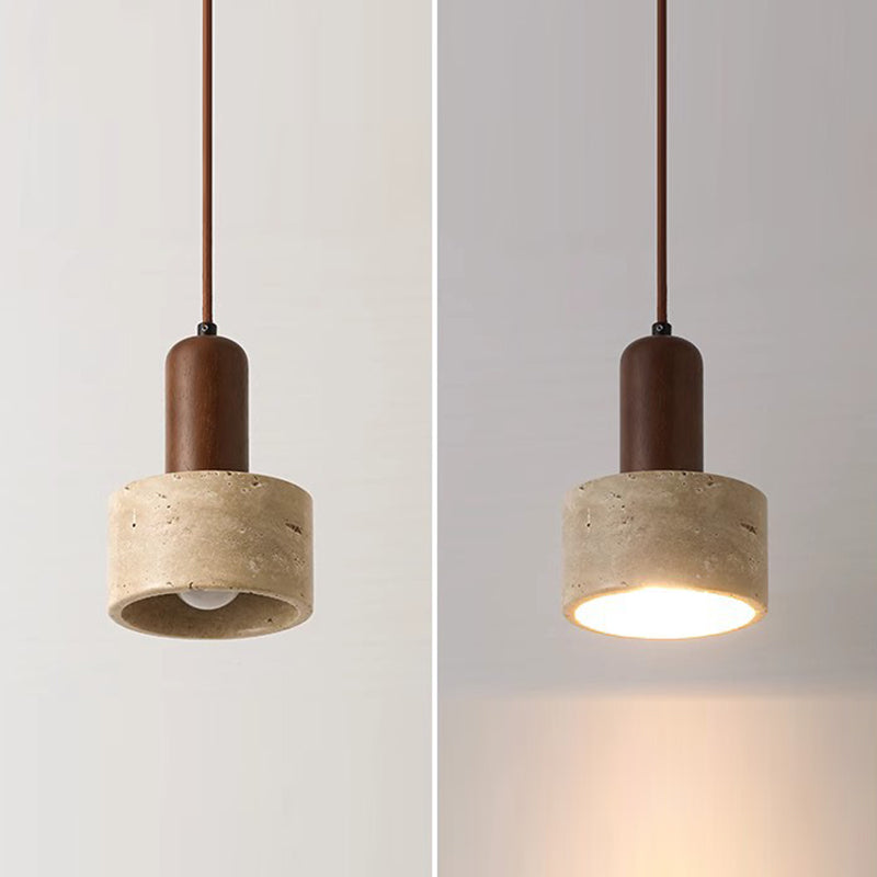 Traditionelle japanische gelbe Travertin-Holzkuppel Zylinder 1-Licht Pendelleuchte für Wohnzimmer 