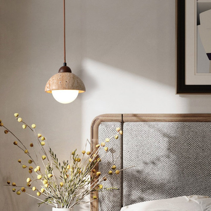 Lámpara colgante de 1 luz con cilindro de cúpula de madera de travertino amarillo tradicional japonés para sala de estar 