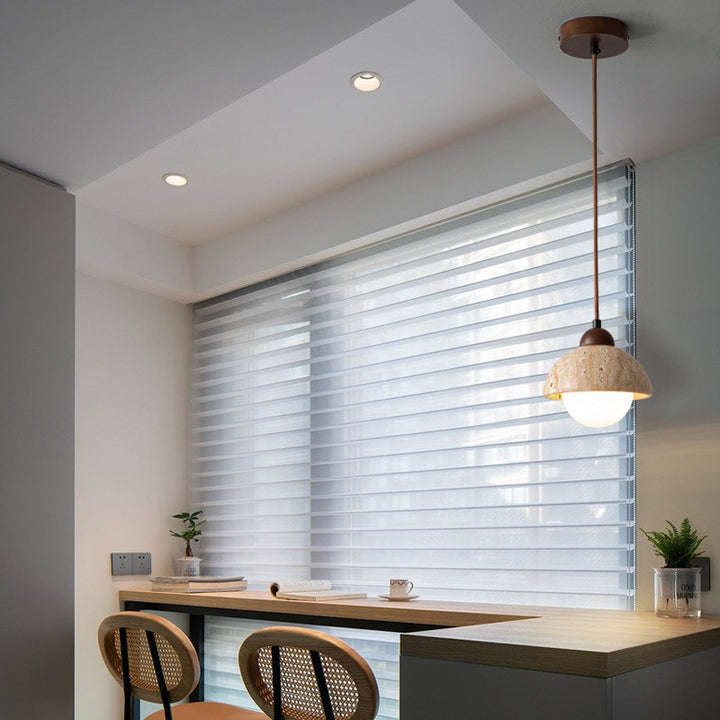 Traditionelle japanische gelbe Travertin-Holzkuppel Zylinder 1-Licht Pendelleuchte für Wohnzimmer 