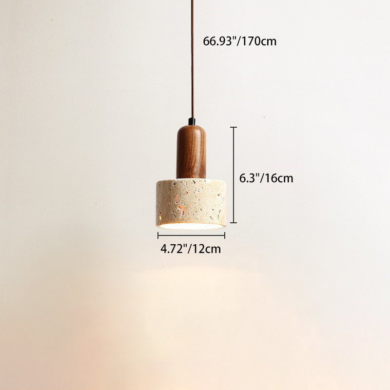 Traditionelle japanische gelbe Travertin-Holzkuppel Zylinder 1-Licht Pendelleuchte für Wohnzimmer 