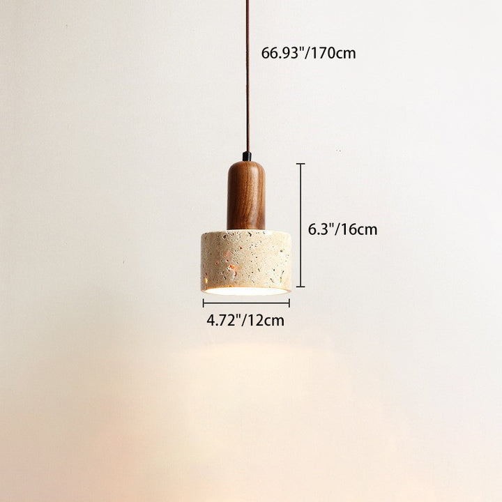 Traditionelle japanische gelbe Travertin-Holzkuppel Zylinder 1-Licht Pendelleuchte für Wohnzimmer 