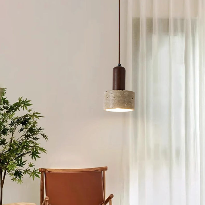 Traditionelle japanische gelbe Travertin-Holzkuppel Zylinder 1-Licht Pendelleuchte für Wohnzimmer 
