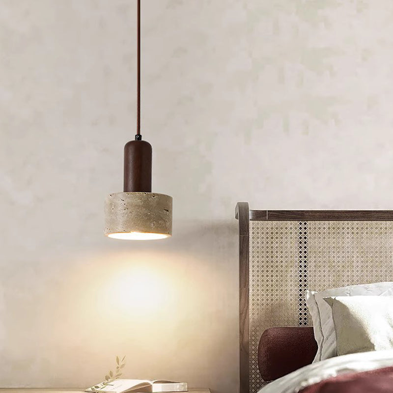 Traditionelle japanische gelbe Travertin-Holzkuppel Zylinder 1-Licht Pendelleuchte für Wohnzimmer 
