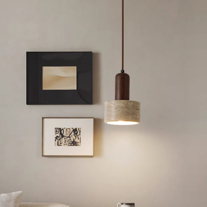Traditionelle japanische gelbe Travertin-Holzkuppel Zylinder 1-Licht Pendelleuchte für Wohnzimmer 