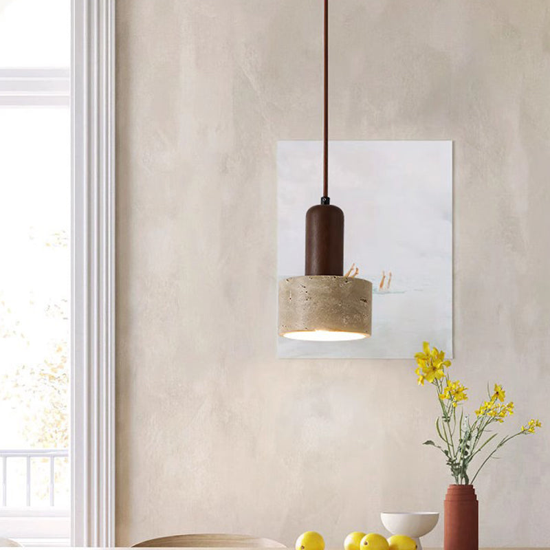 Traditionelle japanische gelbe Travertin-Holzkuppel Zylinder 1-Licht Pendelleuchte für Wohnzimmer 
