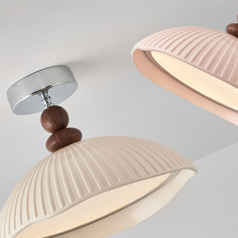 Traditional Vintage Iron Resin Stripe Dome Eggshell LED Semi-Flush Mount Ceiling Light For Living Room