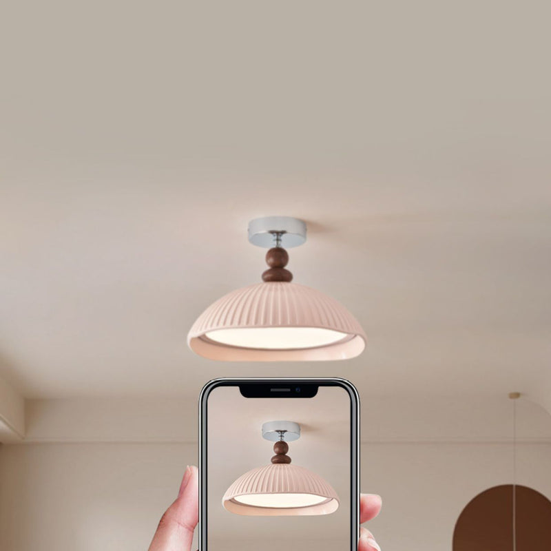 Traditional Vintage Iron Resin Stripe Dome Eggshell LED Semi-Flush Mount Ceiling Light For Living Room