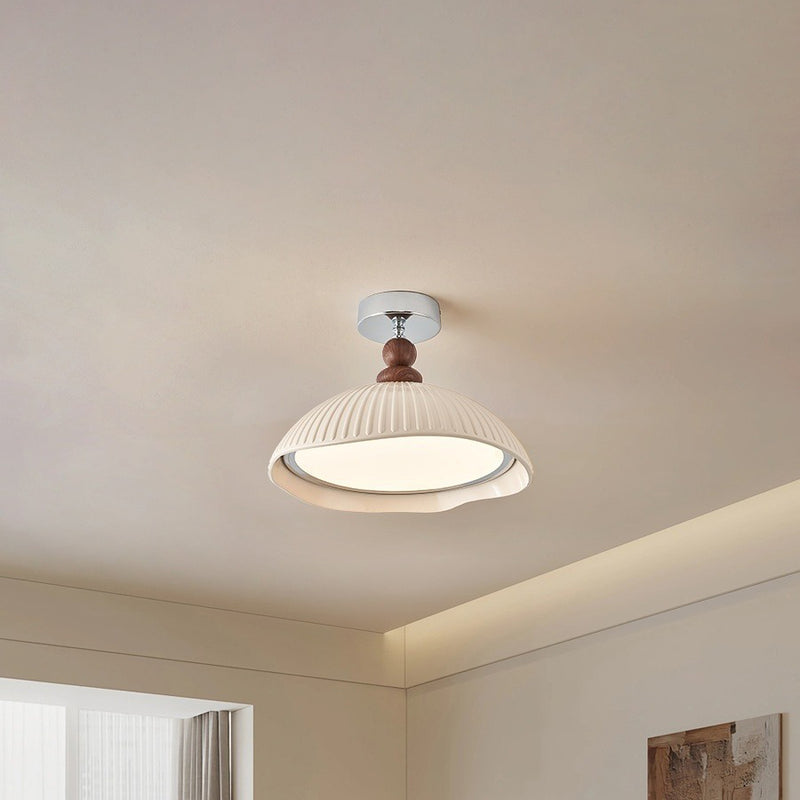 Traditional Vintage Iron Resin Stripe Dome Eggshell LED Semi-Flush Mount Ceiling Light For Living Room