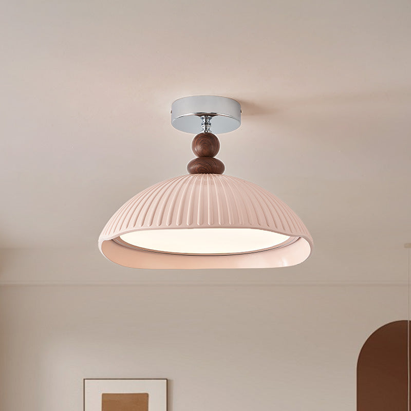 Traditional Vintage Iron Resin Stripe Dome Eggshell LED Semi-Flush Mount Ceiling Light For Living Room