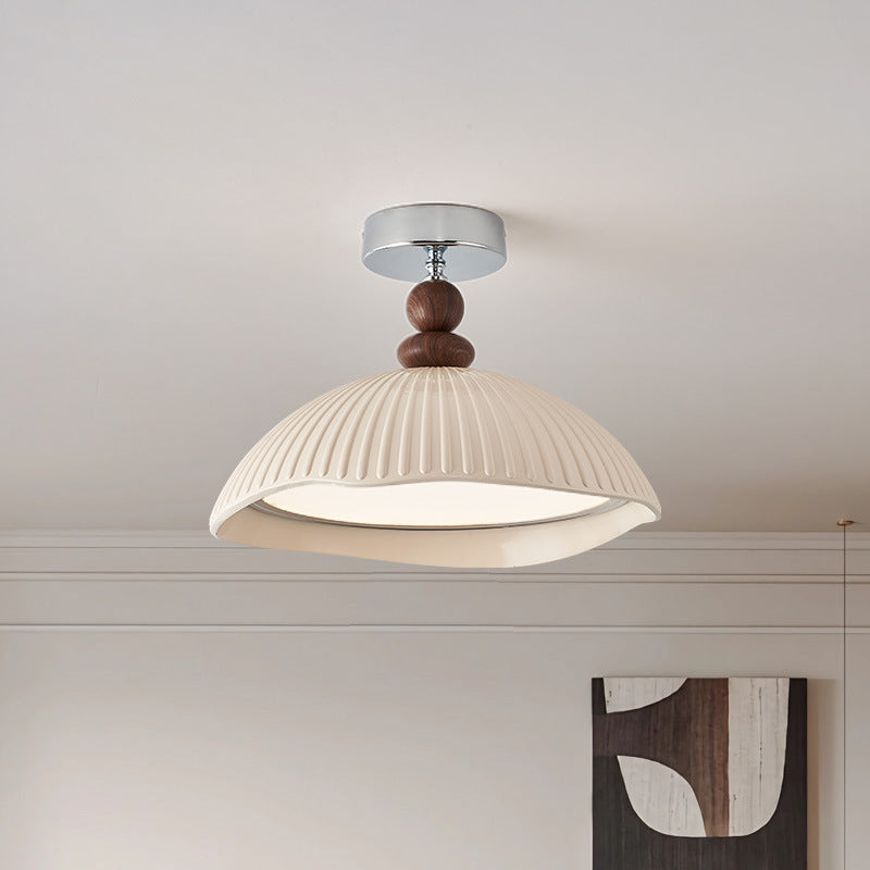 Traditional Vintage Iron Resin Stripe Dome Eggshell LED Semi-Flush Mount Ceiling Light For Living Room