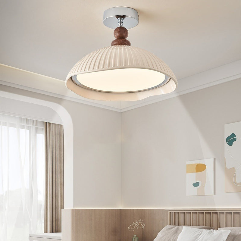 Traditional Vintage Iron Resin Stripe Dome Eggshell LED Semi-Flush Mount Ceiling Light For Living Room