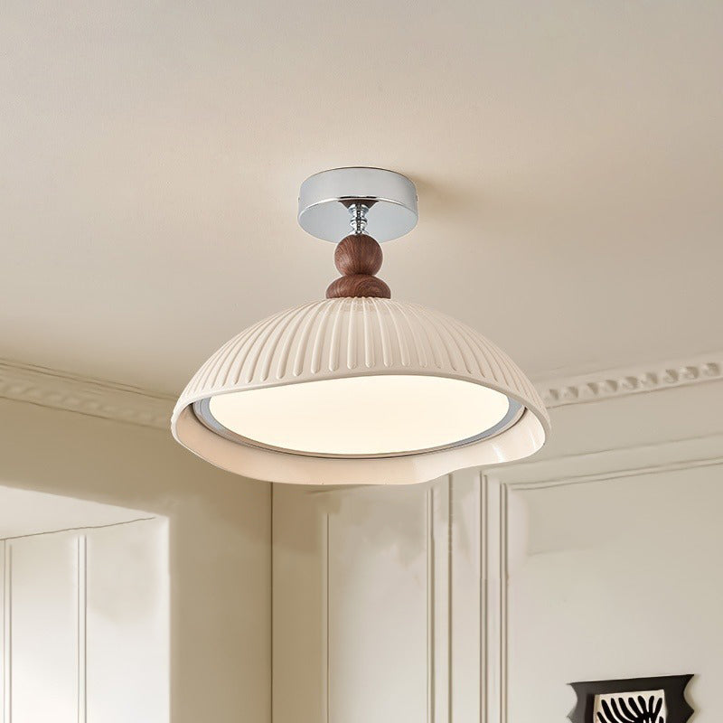 Traditional Vintage Iron Resin Stripe Dome Eggshell LED Semi-Flush Mount Ceiling Light For Living Room