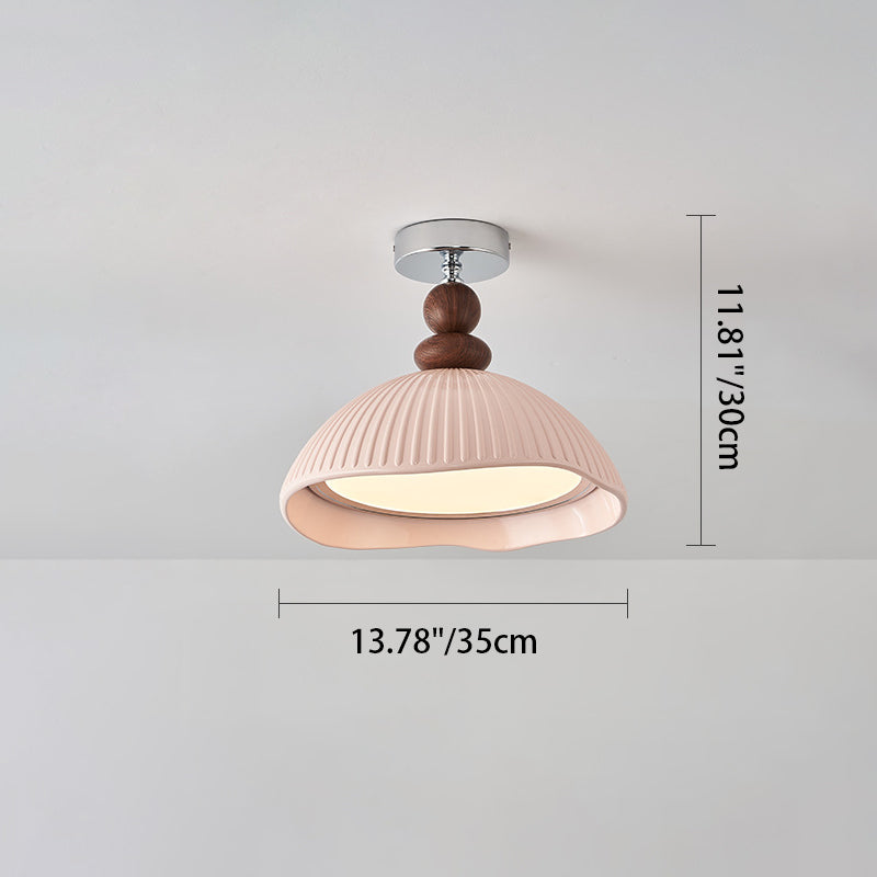 Traditional Vintage Iron Resin Stripe Dome Eggshell LED Semi-Flush Mount Ceiling Light For Living Room