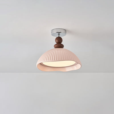Traditional Vintage Iron Resin Stripe Dome Eggshell LED Semi-Flush Mount Ceiling Light For Living Room