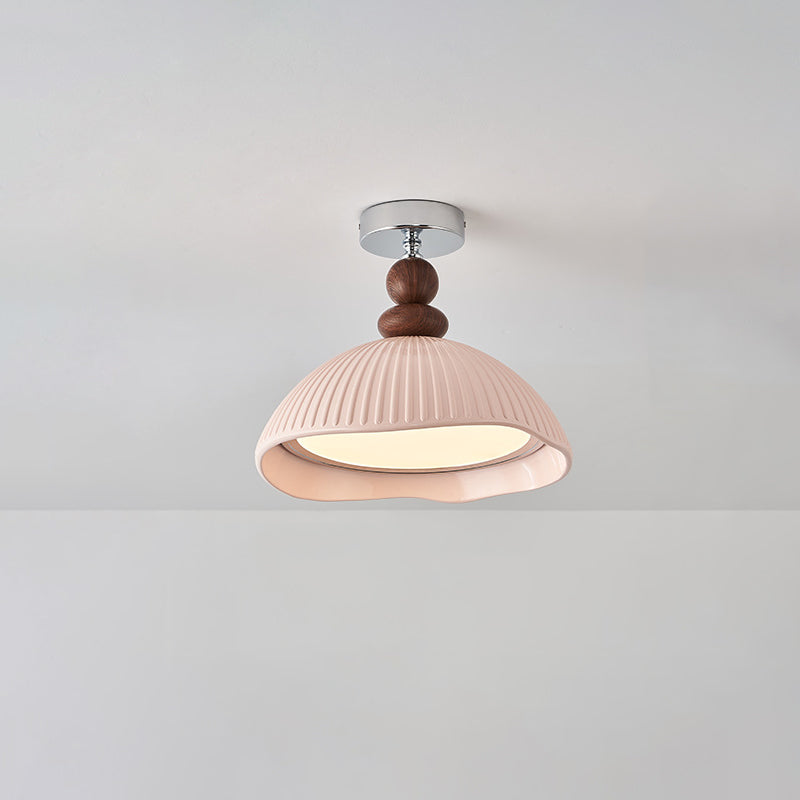 Traditional Vintage Iron Resin Stripe Dome Eggshell LED Semi-Flush Mount Ceiling Light For Living Room