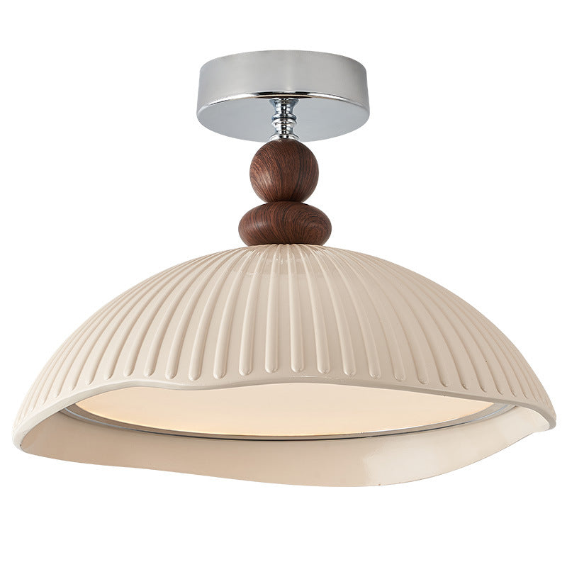 Traditional Vintage Iron Resin Stripe Dome Eggshell LED Semi-Flush Mount Ceiling Light For Living Room