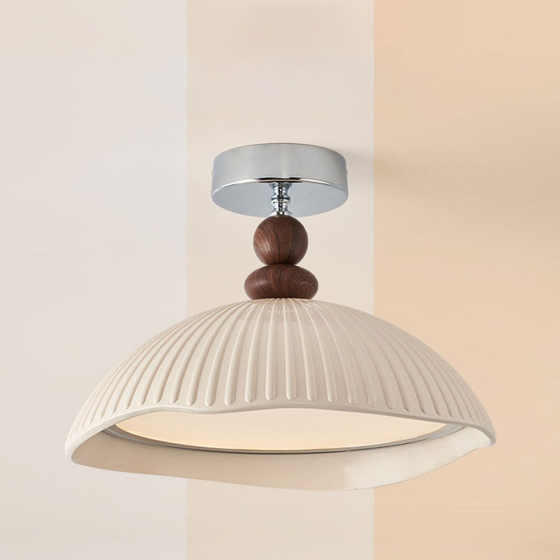 Traditional Vintage Iron Resin Stripe Dome Eggshell LED Semi-Flush Mount Ceiling Light For Living Room