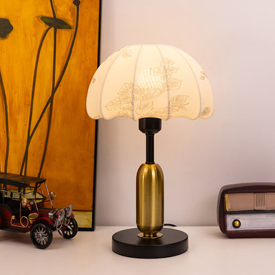 Traditional Vintage Iron Fabric Dome Leaves Pattern 1-Light Table Lamp For Bedroom