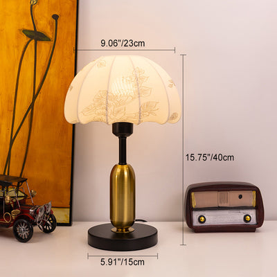 Traditional Vintage Iron Fabric Dome Leaves Pattern 1-Light Table Lamp For Bedroom