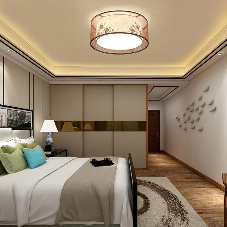 Plafonnier à montage encastré en fer avec motif de fleurs rondes carrées chinoises traditionnelles, tissu 3/5 lumières pour chambre à coucher 