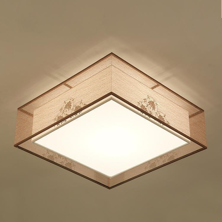 Plafonnier à montage encastré en fer avec motif de fleurs rondes carrées chinoises traditionnelles, tissu 3/5 lumières pour chambre à coucher 
