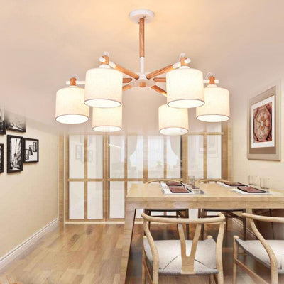 Contemporáneo Nórdico Forma de Tambor Tela Madera 6-Luces Araña Para Sala de Estar 