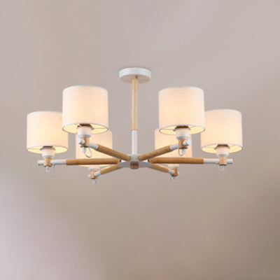 Contemporáneo Nórdico Forma de Tambor Tela Madera 6-Luces Araña Para Sala de Estar 