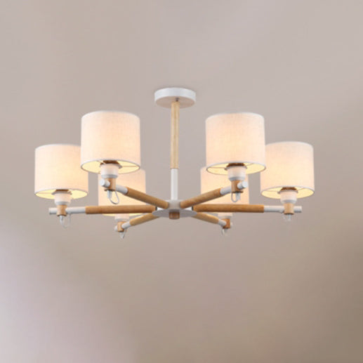 Contemporáneo Nórdico Forma de Tambor Tela Madera 6-Luces Araña Para Sala de Estar 