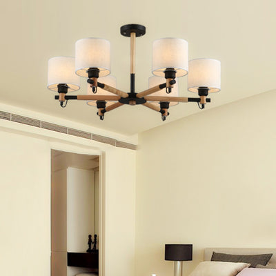Contemporáneo Nórdico Forma de Tambor Tela Madera 6-Luces Araña Para Sala de Estar 