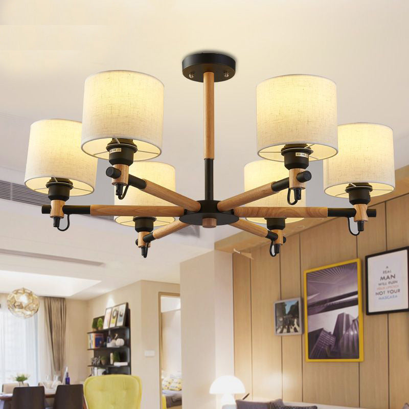 Contemporáneo Nórdico Forma de Tambor Tela Madera 6-Luces Araña Para Sala de Estar 