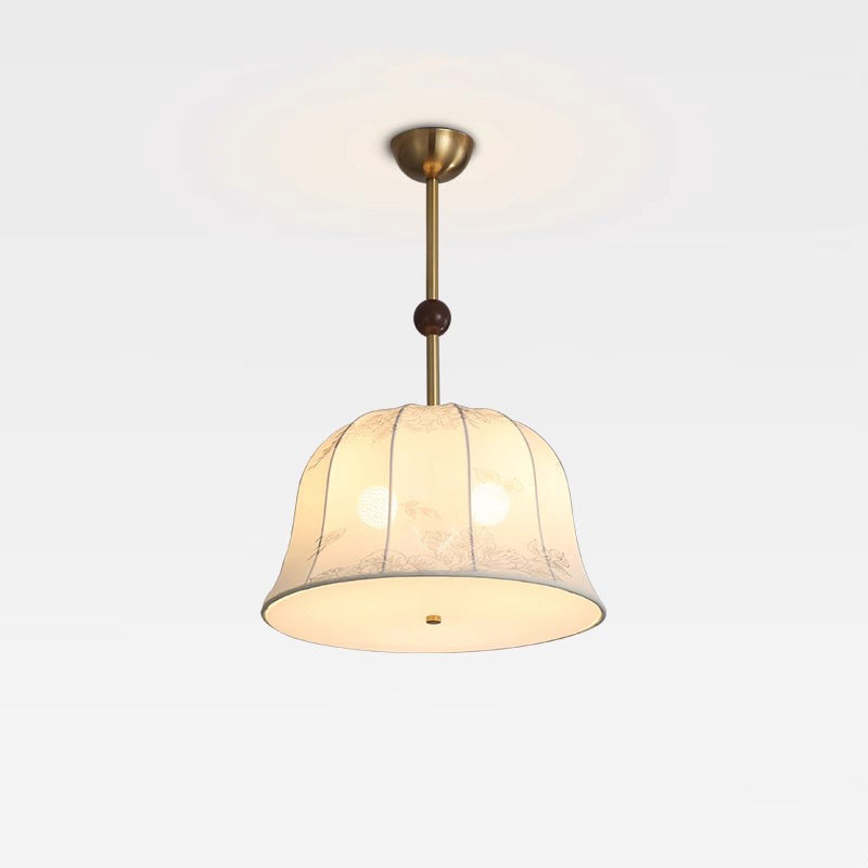 Traditional Chinese Romantic Textured Striped Round Fabric Iron Wood 3-Light Chandeliers For Dining Room