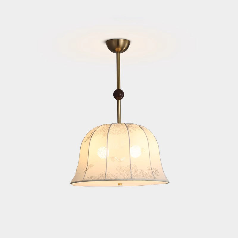 Traditional Chinese Romantic Textured Striped Round Fabric Iron Wood 3-Light Chandeliers For Dining Room
