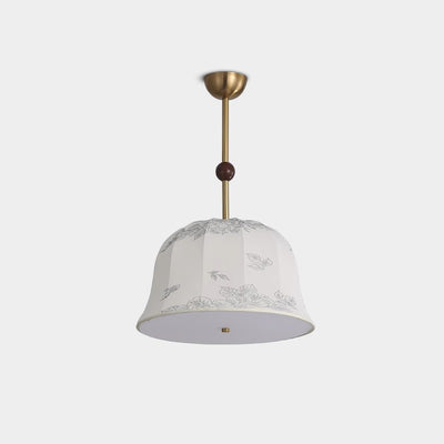 Traditional Chinese Romantic Textured Striped Round Fabric Iron Wood 3-Light Chandeliers For Dining Room