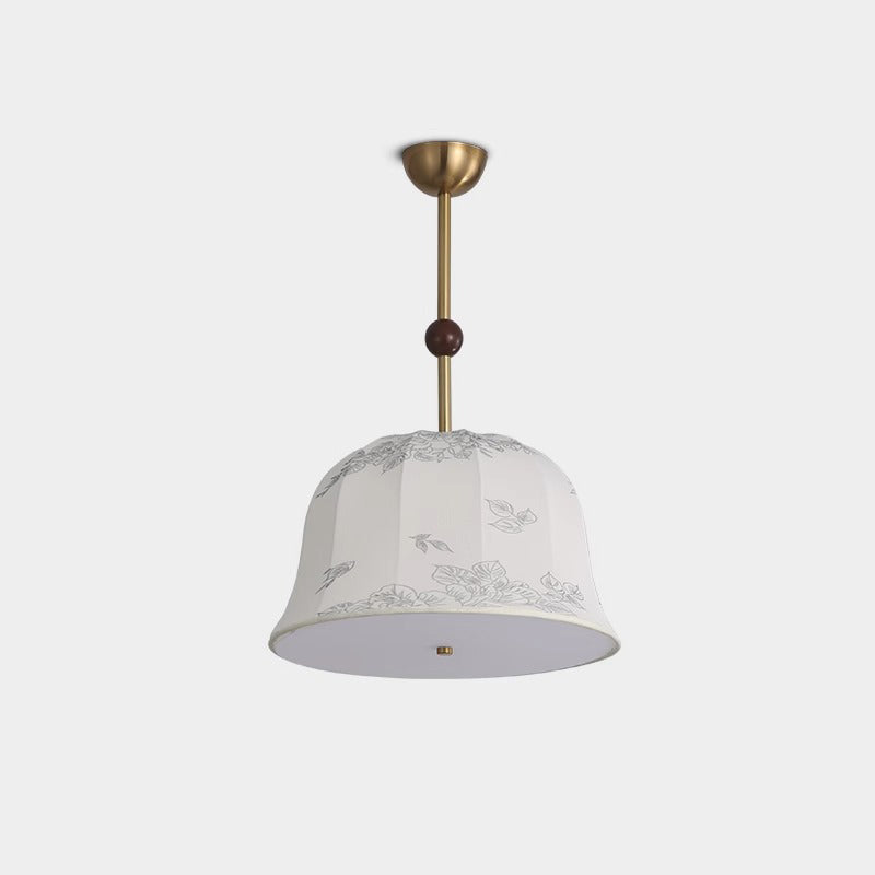Traditional Chinese Romantic Textured Striped Round Fabric Iron Wood 3-Light Chandeliers For Dining Room