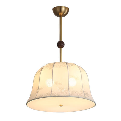 Traditional Chinese Romantic Textured Striped Round Fabric Iron Wood 3-Light Chandeliers For Dining Room