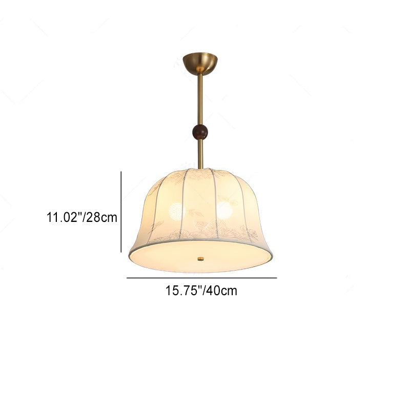 Lustres traditionnels chinois romantiques en tissu rayé texturé rond en fer et bois à 3 lumières pour salle à manger 