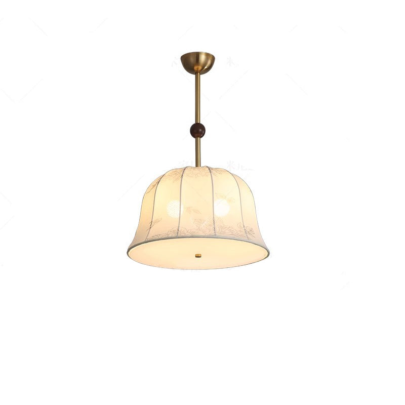 Traditional Chinese Romantic Textured Striped Round Fabric Iron Wood 3-Light Chandeliers For Dining Room