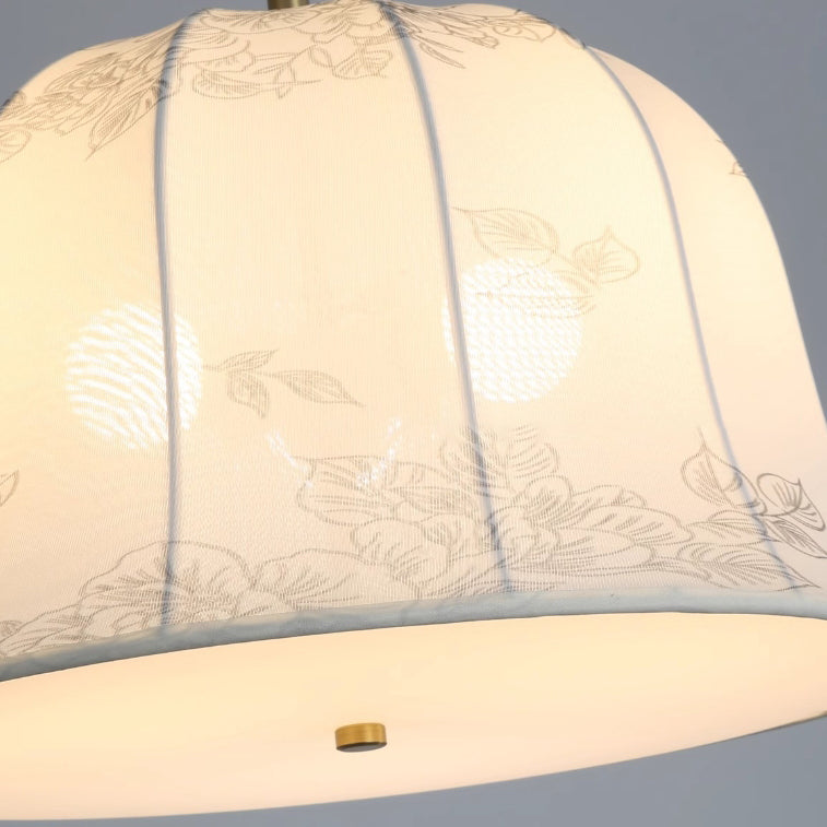 Traditional Chinese Romantic Textured Striped Round Fabric Iron Wood 3-Light Chandeliers For Dining Room
