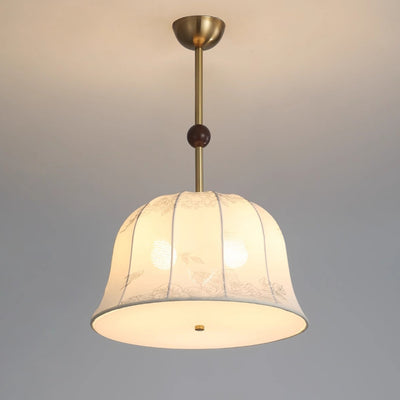 Traditional Chinese Romantic Textured Striped Round Fabric Iron Wood 3-Light Chandeliers For Dining Room