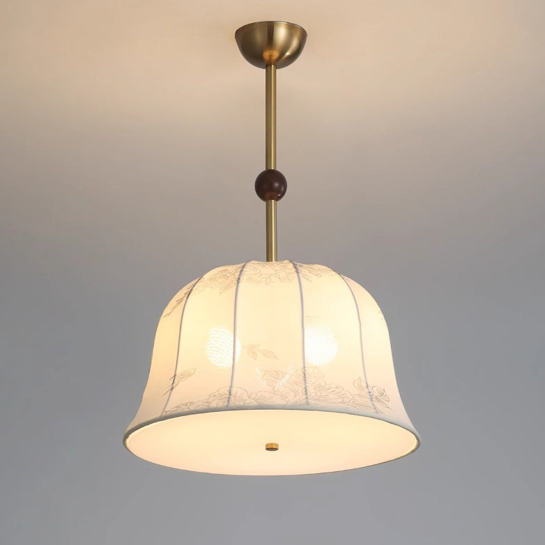 Traditional Chinese Romantic Textured Striped Round Fabric Iron Wood 3-Light Chandeliers For Dining Room