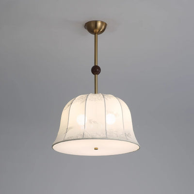 Traditional Chinese Romantic Textured Striped Round Fabric Iron Wood 3-Light Chandeliers For Dining Room