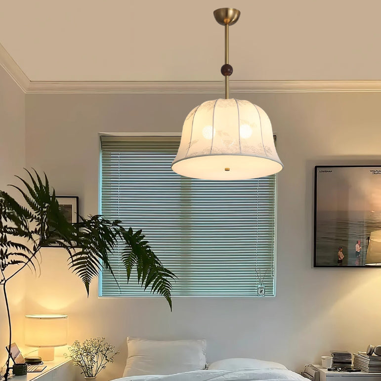 Traditional Chinese Romantic Textured Striped Round Fabric Iron Wood 3-Light Chandeliers For Dining Room