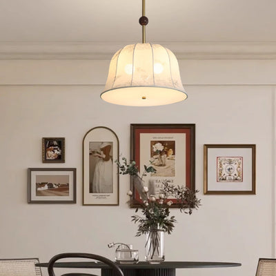 Traditional Chinese Romantic Textured Striped Round Fabric Iron Wood 3-Light Chandeliers For Dining Room