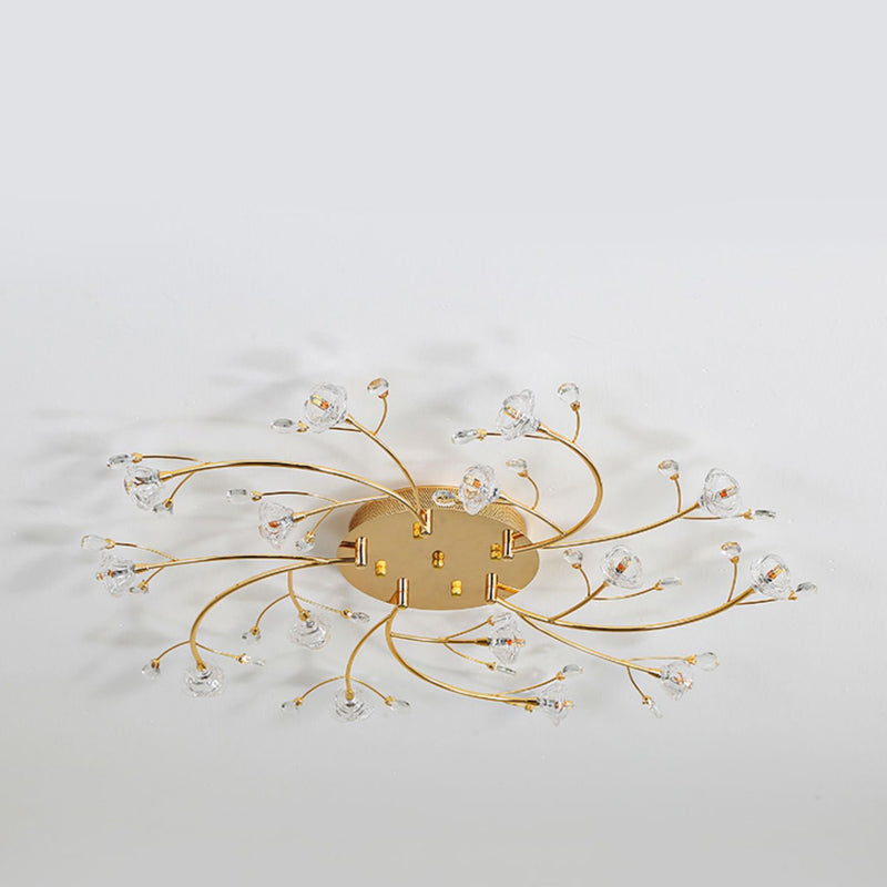 Contemporary Luxury Hardware Crystal Glass Flower Shade Spiral Branch 15/25/30-Light Flush Mount Ceiling Light For Bedroom